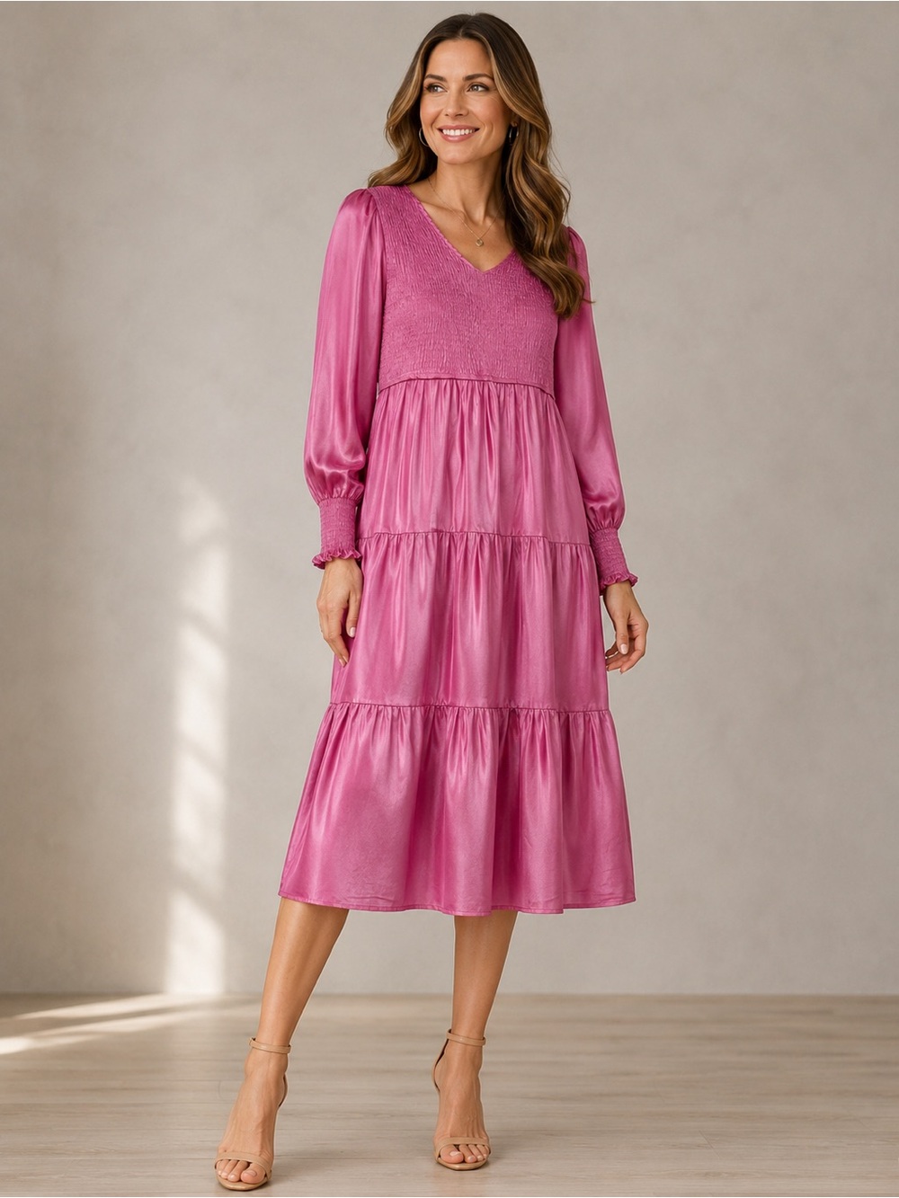 NWT Zesica Rose Long Sleeve Smocked Tiered Ruffle Peasant Dress Sz M (L)